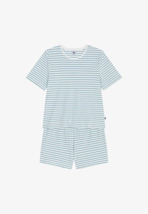 Kurzarm-Oberteil und Shorts-Set mit hellblauen und weißen horizontalen Streifen, aus weichem Stoff gefertigt, auf einem weißen Hintergrund präsentiert.