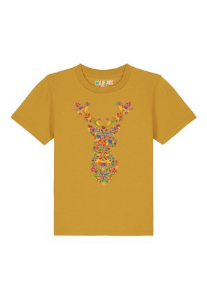 Senfgelb T-Shirt mit einem bunten Blumenhirsch-Design in der Mitte. Weicher Baumwollstoff, kurze Ärmel und runder Ausschnitt.
