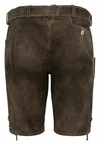 Shorts marrones de ante que presentan un cinturón, bolsillo lateral y detalle fruncido en el dobladillo. Textura suave con un acabado mate.