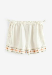 Vita, lätta shorts med en dragsko i midjan och knytdetalj. Dekorativ broderi vid fållen har färgglada diamantmönster.