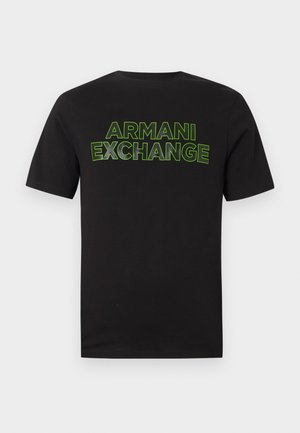 Black short-sleeve T-shirt with neon green outlined "ARMANI EXCHANGE" text across the chest on a plain white background.
