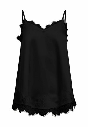 Juoda krepo kamizolė su plonomis reguliuojamomis petnešėlėmis, išpjautos nėrinių detalės prie iškirptės ir apačios, puošta subtiliais gėlių motyvais.