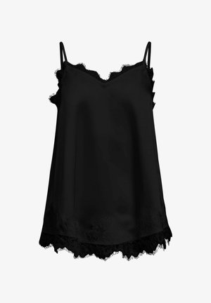 Zwarte crêpe-camisole met dunne verstelbare bandjes, een getande kanten rand bij de halslijn en zoom, voorzien van delicate bloemmotieven.