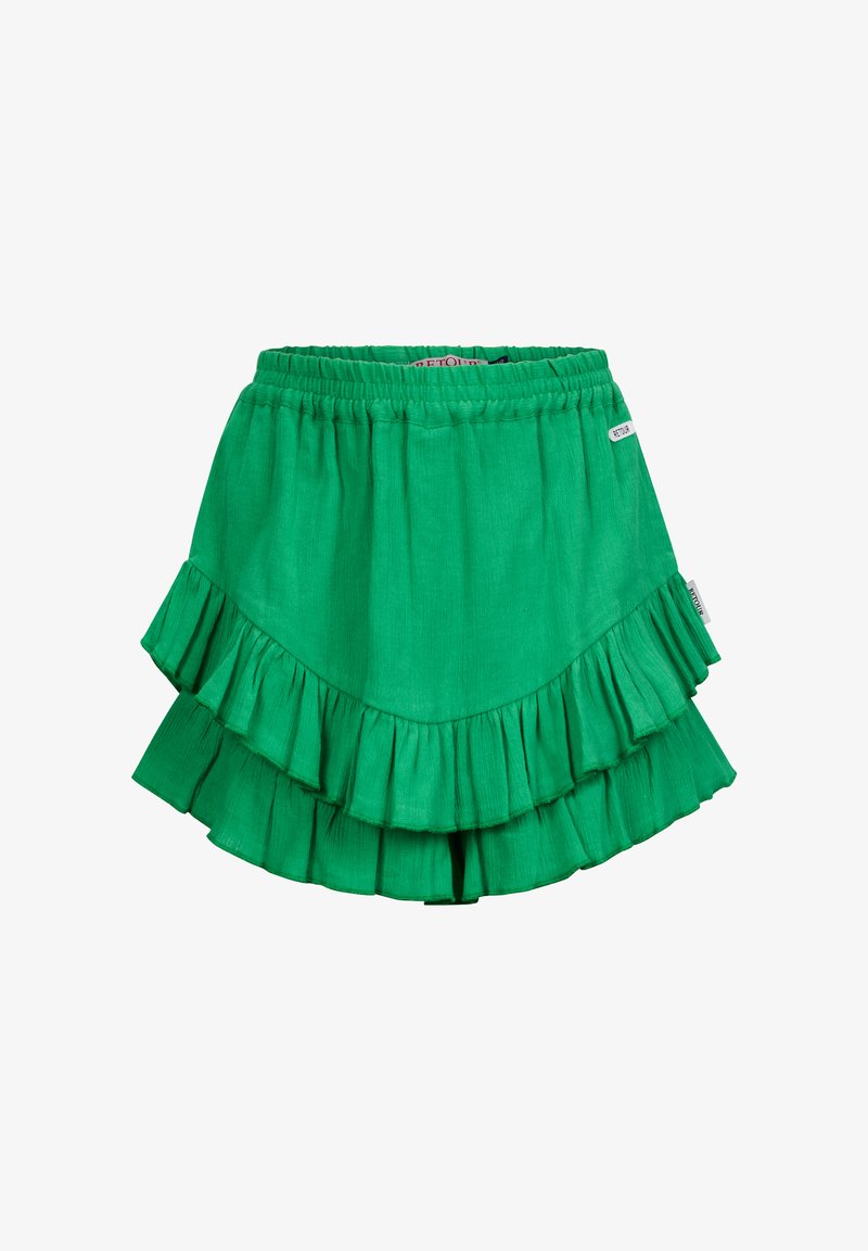 Gonna verde a strati realizzata in tessuto leggero. Presenta un design arruffato con vita elastica e piccole etichette del marchio.