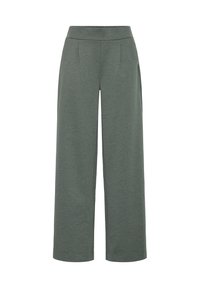 Pantaloni largi dintr-un material moale, verde închis. Au o talie netedă și pliseuri frontale, cu o croială lejeră pe întreaga lungime a picioarelor.