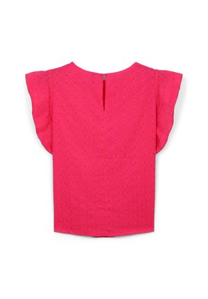 Camicia rosa a maniche corte con motivo a occhielli strutturato, apertura a goccia sulla schiena e vestibilità comoda. Tessuto liscio con un morbido drappeggio.