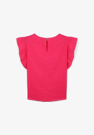 Camicia rosa a maniche corte con motivo a occhielli strutturato, apertura a goccia sulla schiena e vestibilità comoda. Tessuto liscio con un morbido drappeggio.