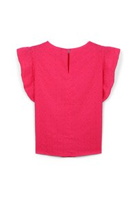 Blusa fucsia con maniche a farfalla corte, motivo ad occhiello e apertura a chiave sul retro. Texture liscia, design casual e colore uniforme.