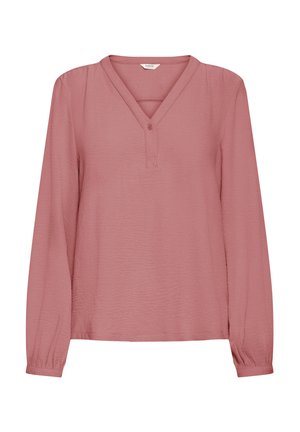 Bluza dugih rukava s V-izrezom od mekanog, teksturiranog ružičastog materijala. Ima zatvaranje na gumbe na izrezu i elastične manžete za pristajanje.