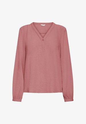 Bluza dugih rukava s V-izrezom od mekanog, teksturiranog ružičastog materijala. Ima zatvaranje na gumbe na izrezu i elastične manžete za pristajanje.