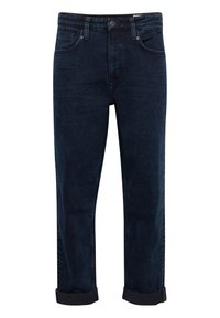 Jeans in denim blu scuro con un design a gamba dritta, presentano orli arrotolati, stile a cinque tasche e chiusura con bottone.