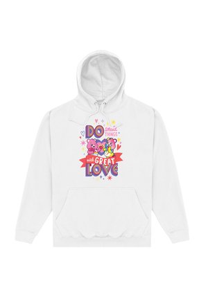 Hvid hættetrøje med et frontgrafik, der viser to tegneserie-bjørne og tekst, der siger "Gør små ting med STOR KÆRLIGHED" i farverig skrifttype.