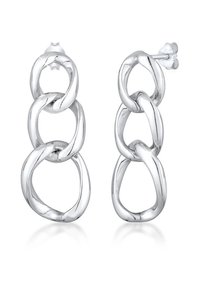 Hõbedased metallkõrvarõngad, millel on kolm omavahel seotud orgaanilise kujuga linki, poleeritud viimistluse ja tikandi kinnitusega.