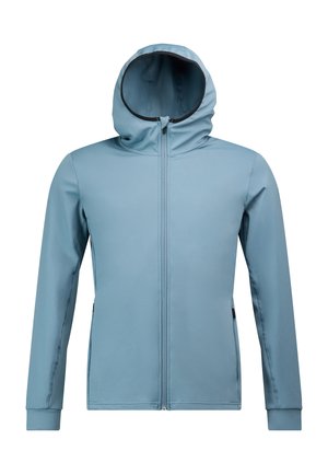 Giacca zip-up azzurra chiara con cappuccio, realizzata in materiale morbido e liscio. Presenta maniche aderenti e un design snello.