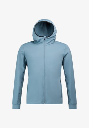 Lyseblå lynlåsjakke med hætte, lavet af glat og blødt materiale. Har fitted ærmer og et strømlinet design.