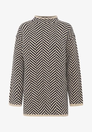 Pleteni pulover z visokim ovratnikom, ki ima ribjo kost vzorec v mornarsko modri in smetanasti barvi. Ohlapen kroj z spuščeni rameni in rebrastimi manšetami.