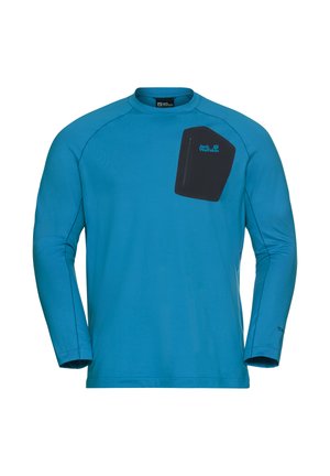 Teal langesleeve shirt met raglanmouwen, een zwarte borstzak en contrasterende stiksels. Gemaakt van lichtgewicht, ademend materiaal.
