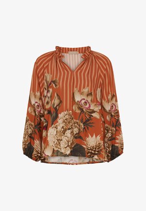 Bluse med blomsterprint i rustfarve med lodrette striber. Har en samlet halsudskæring, løs pasform og elastiske manchetter. Letvægtsstof.