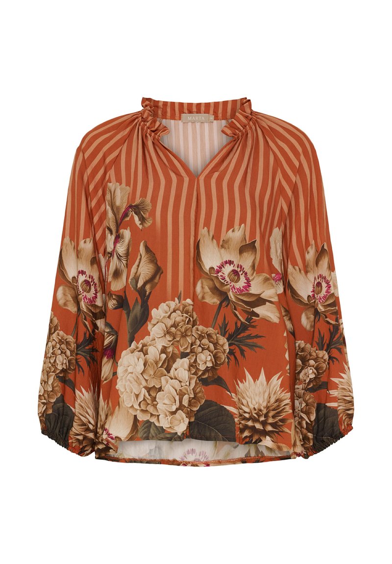Bluse med blomsterprint i rustfarve med lodrette striber. Har en samlet halsudskæring, løs pasform og elastiske manchetter. Letvægtsstof.