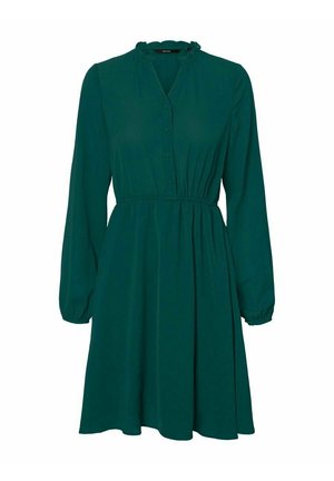 Długa sukienka do kolan w kolorze morskim z długimi rękawami, zapinana z przodu na guziki, z elastycznym paskiem w talii i falbanką przy kołnierzu.