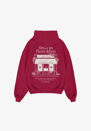 Bordeaux hoodie met een grafische print van een bloemenwinkel, witte tekst en een gedetailleerde illustratie van de winkel en bloemenarrangementen.