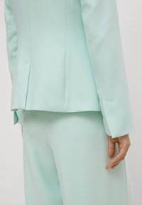 Muntkleurig pak met een getailleerde blazer met een op maat gemaakte rug en rechte broek; gladde textuur en minimalistische ontwerpdetails.