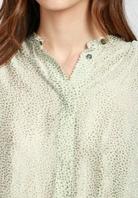Blusa verde chiaro con un motivo texturizzato, dotata di scollatura a V e due bottoni decorativi al colletto. Tessuto morbido e trasparente.