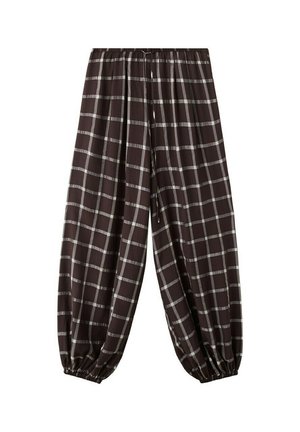Løse brune bukser med hvidt ternet mønster, elastisk talje og manchetter samt snøre i taljen.