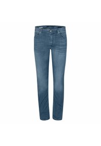 Light blue denim jeans with a straight-fit design, five pockets, and subtle fading. Features a zip fly and metallic button closure.