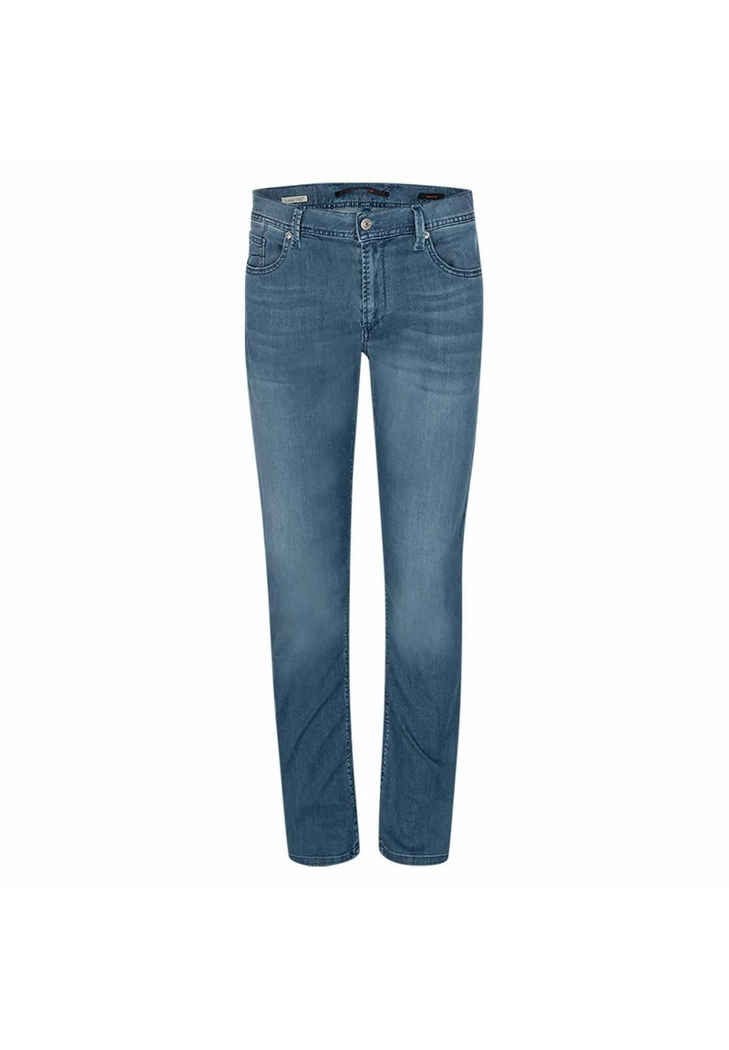 Light blue denim jeans with a straight-fit design, five pockets, and subtle fading. Features a zip fly and metallic button closure.