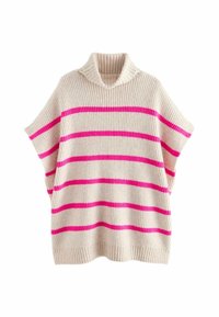 Bleg beige strikket sweater med ribbet tekstur, prydet med kraftige fuchsia-striber og en bred, kraved halsudskæring. Korte, løse ærmer.