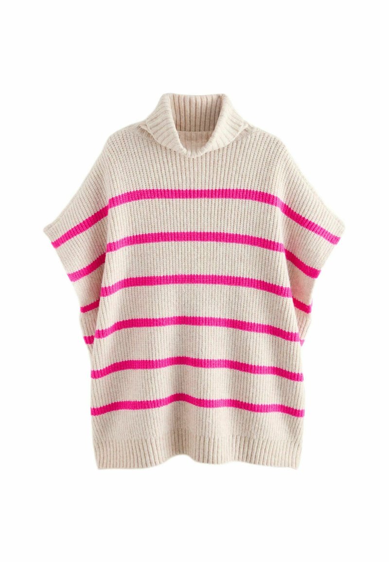Bleg beige strikket sweater med ribbet tekstur, prydet med kraftige fuchsia-striber og en bred, kraved halsudskæring. Korte, løse ærmer.
