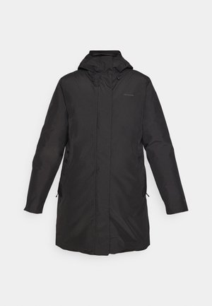 Czarny długi płaszcz z lekkiego materiału, z kapturem, bocznymi kieszeniami i zapięciem na zamek. Prosty design z matowym wykończeniem.