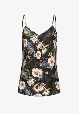 Gelinė marškinėliai su plonais petnešomis, turinti juodą foną. Raštas apima baltas ir pastelinių atspalvių gėles su žalios ir mėlynos spalvos lapais.