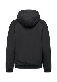 Black hooded jacket with ribbed cuffs and hem, featuring textured shoulder panel accents and a smooth, matte finish.