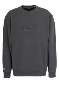 Grå sweatshirt med rundad halsringning, med broderad text "Ärlighet Regler." Ribbad ärmslut och nederkant, tillverkad av ett mjukt tyg.