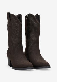 Botas de cowboy de ante marrón con punteras afiladas, costuras decorativas y un tacón. El detalle con cremallera en el lateral mejora la accesibilidad.