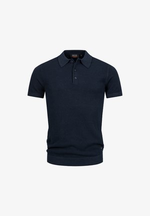 Mørkeblå kortermet polo skjorte laget av teksturert strikket materiale, med krage, tre knapper og ribbestrikkede mansjetter og kant.