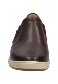 Brown leather shoe with a rounded toe and side zipper, featuring a smooth texture and a light-colored rubber sole. Accented by a subtle pattern.