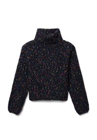 Knitted pullover sweater with a high turtleneck, navy background, and multicolored speckles. Cropped length with wide sleeves.