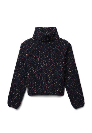 Maglione lavorato a maglia con collo alto, fondo blu navy e spruzzate multicolori. Lunghezza cropped con maniche ampie.