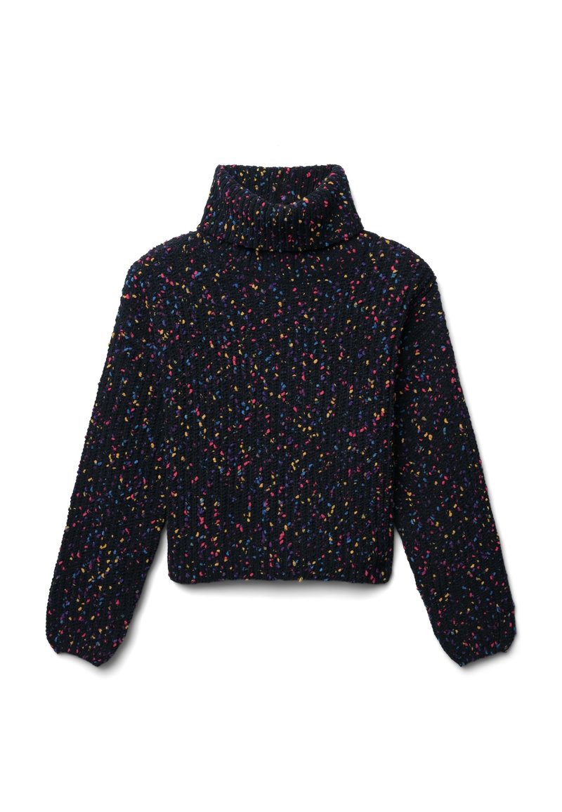 Knitted pullover sweater with a high turtleneck, navy background, and multicolored speckles. Cropped length with wide sleeves.