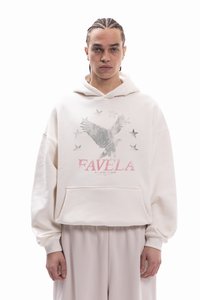 Cremefarbener Kapuzenpullover mit einer Fronttasche, versehen mit einer Grafik eines Adlers und Sternen in Grau und Pink. Lockerer Schnitt mit einer großzügigen Kapuze.