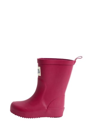 Stivale da pioggia in gomma rosa per bambini con una piccola linguetta di tessuto sul retro e una toppa con logo vicino alla parte superiore.