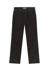 Mörkbruna byxor i bomull med rak bendesign, standard midja och fem fickor med metalldetaljer.