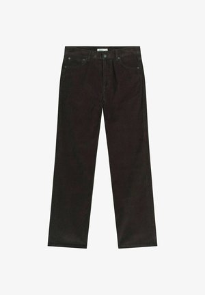 Mörkbruna byxor i bomull med rak bendesign, standard midja och fem fickor med metalldetaljer.