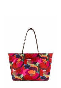 Kleurvolle draagtas met een bloemmotief in rode, roze, oranje en groene tinten, met leren handvatten in bruin en een ruime, rechthoekige vorm.