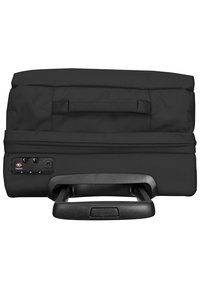 Black rolling bag with a sturdy handle, zippered closure, and hardware for security. Textured fabric and reinforced seams are visible.