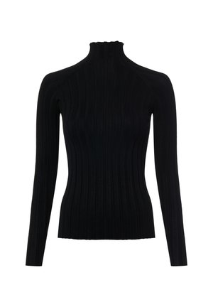 Schwarzer gerippter Rollkragenpullover mit langen Ärmeln, figurbetonter Silhouette und strukturiertem, dehnbarem Strickstoff.