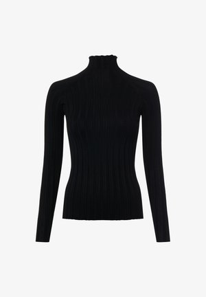 Schwarzer gerippter Rollkragenpullover mit langen Ärmeln, figurbetonter Silhouette und strukturiertem, dehnbarem Strickstoff.